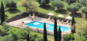 Vista aerea della piscina e del patio in pietra nel verde del prestigioso casale.