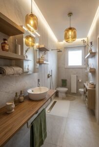 Progettazione lighting moderno bagno al verde con vaniti bianche e legno chiaro.