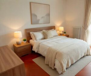 Letto e nightstand minimali, lighting accogliente, toni grigio beige.