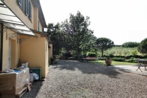 Casa gialla con corte ghiaiosa, piante in vaso e giardino soleggiato su sfondo verde.