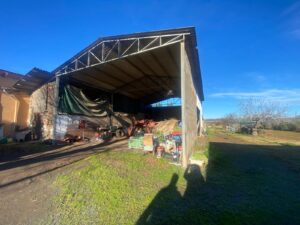 Un grande magazzino metallico utilitario con cortine verdi in uno scenario rurale aperto.