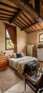 Camera da letto rustica con travi a vista, letto matrimoniale accogliente, luce naturale e arredi vintage