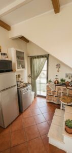 Cucina mansardata rustica con pavimento in cotto, frigorifero inox, porta finestra luminosa e piante.