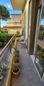 Terrazza mediterranea con piante e vista, luminosa palizzata decorate, comodi arredi allaperto.