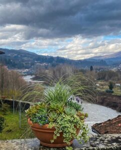 Vaso in terracotta sulle mura di Castelnuovo di Garfagnana con piante e vista sul fiume.