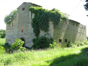 Vecchio forte maniero ricoperto di vegetali, isolato in un paesaggio di campagna-verde.