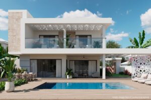 Villa moderna a due piani con piscina, grandi vetrate e terrazzo panoramico.