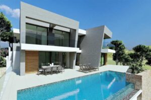 Rendering 3D di una villa moderna di lusso con piscina e vista panoramica.