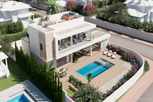 Render 3D di una villa moderna con piscina, terrazza panoramica e giardino curato.