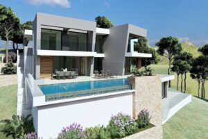 Villa di lusso moderna con piscina a sfioro, terrazze panoramiche e architettura contemporanea in collina.