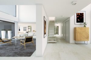 Salone moderno e luminoso in villa minimalista con arredi di design e grandi vetrate.