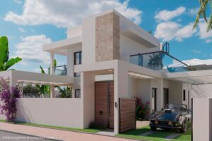 Villa moderna di lusso con facciata in pietra, terrazzi e auto sportiva parcheggiata.