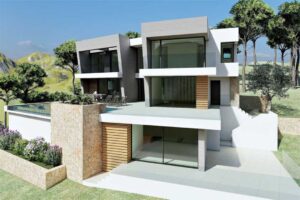 Villa di lusso moderna a più livelli con piscina e ampie vetrate panoramiche.
