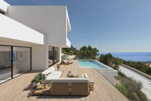 Villa moderna di lusso con piscina a sfioro e vista panoramica sul Mar Mediterraneo.