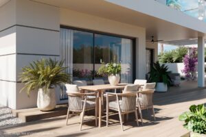 Terrazza moderna allaperto con zona pranzo, tavolo in legno, sedie in corda e vegetazione tropicale.