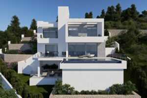 Moderna villa a tre piani con piscina a sfioro e terrazze panoramiche su collina verde.