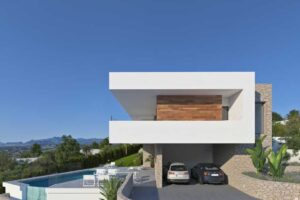 Villa moderna con piscina panoramica, terrazza solarium e posto auto coperto in pietra.