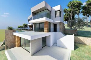 Villa di lusso moderna a più livelli con piscina a sfioro su collina.