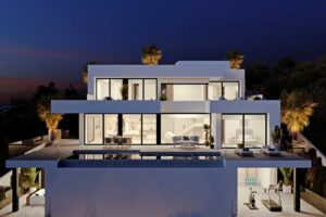 Villa di lusso moderna a più livelli con piscina a sfioro al tramonto.