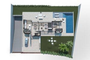 Rendering 3D di una villa moderna con piscina, giardino e patio.