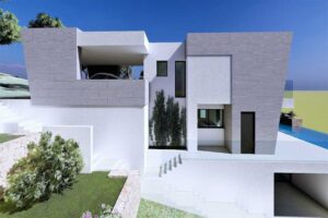 Rendering di una moderna villa di lusso a più livelli con piscina e linee geometriche.