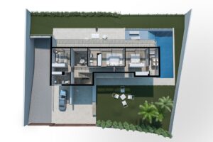Rendering architettonico dallalto di una villa di lusso moderna con piscina e giardino.