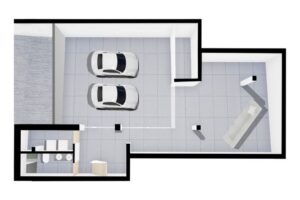 Rendering 3D di un lussuoso garage sotterraneo con auto sportive e salotto moderno.