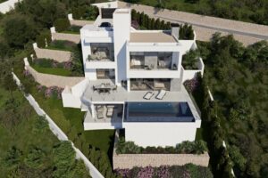 Villa di lusso contemporanea con piscina a sfioro e terrazze panoramiche su collina mediterranea.