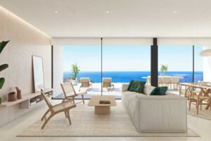 Rendering 3D di un lussuoso soggiorno moderno con ampie vetrate vista oceano.