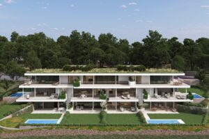 Edificio residenziale moderno a tre piani con piscina, terrazze panoramiche e tetto verde immerso nella natura.