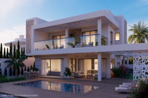 Rendering di una villa di lusso moderna a due piani con piscina e terrazzo serale.