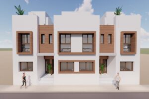 Rendering architettonico di un moderno edificio residenziale bianco con inserti in legno e marciapiede.