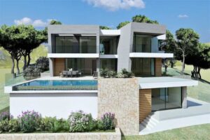 Villa di lusso moderna a più livelli con piscina a sfioro su collina.