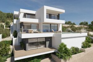 Villa moderna mediterranea su più livelli con piscina a sfioro e terrazze panoramiche.