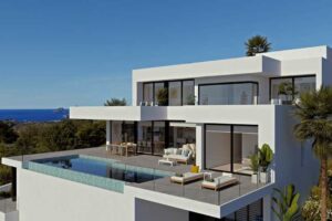 Villa di lusso moderna con piscina a sfioro e vista panoramica sul mare.