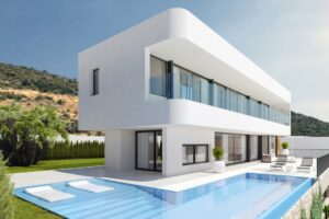 Villa di lusso contemporanea con piscina, design minimalista e vista panoramica collinare.