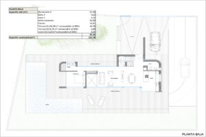 Planta baja arquitectónica de villa moderna con piscina, terraza y distribución abierta.