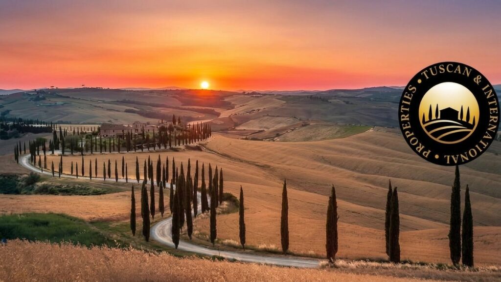 Villa tradizionale con viale di cipressi al tramonto per lAgenzia Immobiliare Toscana.